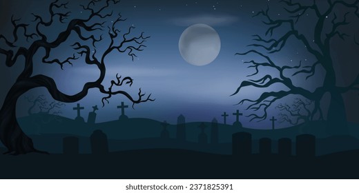 Abstract dark night halloween theme color scary trees grave cemetery full moon banner design. Vector illustration.