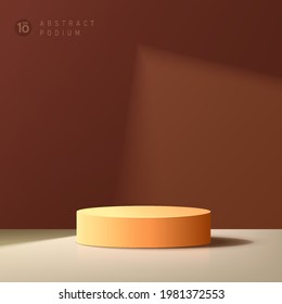 Abstract dark orange cylinder platform podium. Window lighting. Brown and beige color minimal wall scene. Geometric pedestal with shadow. Vector rendering 3d shape for Product display presentation.