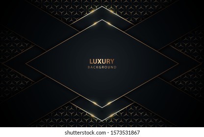 Abstract dark overlapping layers background a combination with golden texture line decoration. Luxury and premium concept vector design template for element modern cover, banner, card