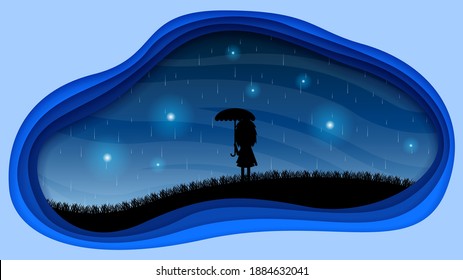 Abstract Dark Paper Cut Background With Girl Poeple Stars Umbrella Rain Vector Style