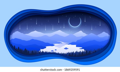 Abstract Dark Paper Cut Sky Night Background With Mountains Lake Falling Stars Moon Midnight Vector Design Style