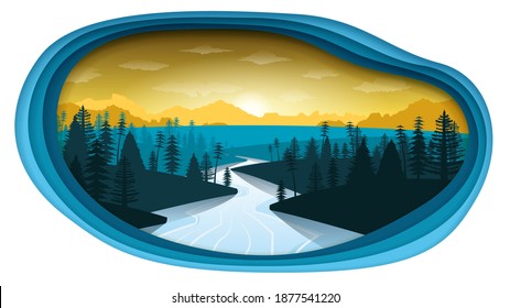 Abstract Dark Paper Cut Sky Background With Mountains Trees Clouds Sun River Vector Design Style