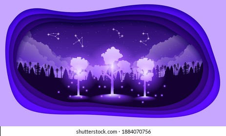 Abstract Dark Paper Cut Sky Nature Landscape Background With Clouds Stars Trees Constellations Vector Design Style