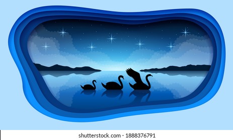 Abstract Dark Paper Cut Sky Night Background With Mountains Clouds Midnight Water Swans Vector Design Style