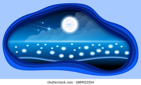 Abstract Dark Paper Cut Sky Night Background With Clouds Water Stars Moon Glow Midnight Vector Design Style