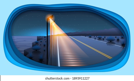 Abstract Dark Paper Cut Sky Night Background With Mountains Lamp Post Plants Stars Road Vector Design Style