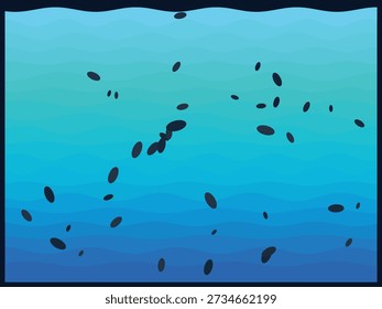 Abstrakte dunkle Partikel, die auf lebhaftem blauem Farbverlauf-Hintergrund schwimmen, minimalistisches Design mit glattem Farbübergang und modernem künstlerischem Stil