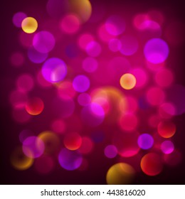 Abstract dark pink circular bokeh background, vector illustration. Christmas backdrop