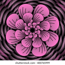 Abstract dark pink vector flower pattern, shape in fractal style on black background, high contrasting decorative tile with 3d effect, op art design