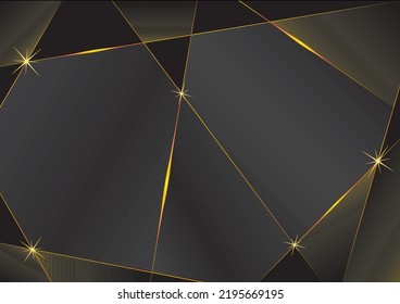 Abstract dark polygon pattern background with golden lines and lighting effect, luxury style.