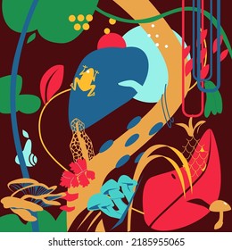 Abstract dark print - tropical forest. Suitable for wall painting or textiles. Vector illustration.