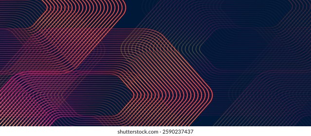 Abstract dark purple background with glowing geometric lines. Modern shiny blue hexagon lines pattern. Technology futuristic concept.