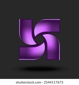 Abstract dark purple swirl shape 3d logo, elegant geometric rotation symbol in plastic gradient, vibrant modern design with glossy finish, isolated on black background.