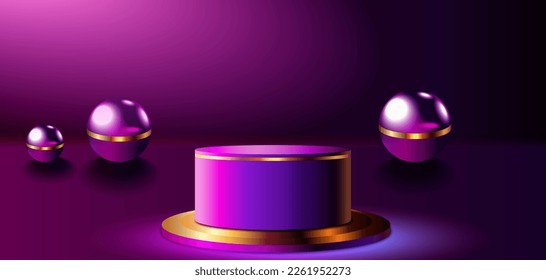 Abstract dark purple,gold cylinder pedestal podium. Sci-fi abstract room concept with glowing neon curve lighting line. Vector rendering 3d background, Mockup product display.