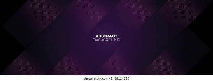 Abstract Dark Purple-Pink Waving Lines Technology Background. Black-Violet Gradient With Glowing Lines Shiny Geometric Shape and Diagonal, for Brochure, Cover, Poster, Banner, Website, Header