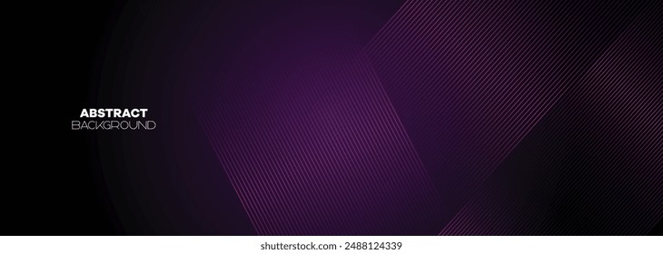 Abstract Dark Purple-Pink Waving Lines Technology Background. Black-Violet Gradient With Glowing Lines Shiny Geometric Shape and Diagonal, for Brochure, Cover, Poster, Banner, Website, Header