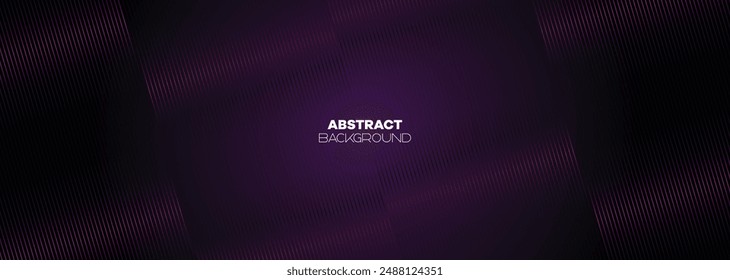 Abstract Dark Purple-Pink Waving Lines Technology Background. Black-Violet Gradient With Glowing Lines Shiny Geometric Shape and Diagonal, for Brochure, Cover, Poster, Banner, Website, Header