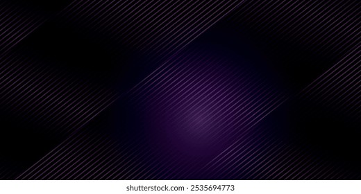 Abstract Dark Purple-Pink Waving Lines Technology Background. Black-Violet Gradient With Glowing Lines Shiny Geometric Shape and Diagonal, for Brochure,