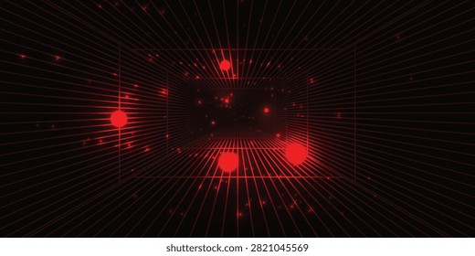 Abstract dark red 3D perspective grid tunnel vector background with glowing red light orbs and particle dots for futuristic technology banner or cyber space backdrop.