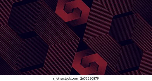 Abstract dark red background with glowing geometric lines. Modern shiny red hexagon lines pattern. Technology futuristic concept. Suit for poster, banner, brochure, cover, flyer. Vector illustration
