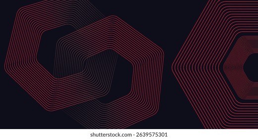 Abstract dark red background with glowing geometric lines. Modern shiny red hexagon lines pattern. Technology futuristic concept. Suit for poster, banner, brochure, cover, flyer. Vector illustration