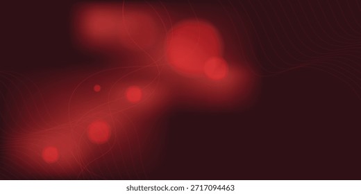 Fundo vermelho escuro abstrato com círculos de bokeh brilhantes e linhas onduladas fluindo elegantes, apresentando uma estética vibrante moderna para banners digitais criativos e cartazes tecnológicos.