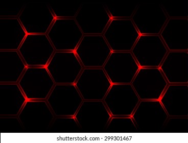 Abstract  dark red  background with hexagons and red light