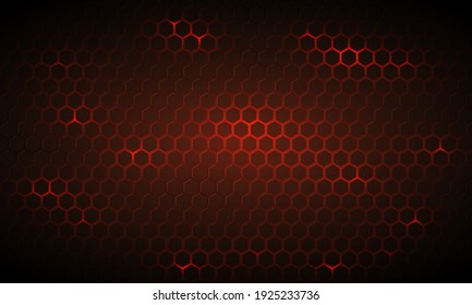 Abstract dark red bright energy flashes under hexagon in dark technology, futuristic, modern illustration. Red hexagonal technology background. Red honeycomb texture grid.
