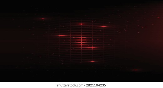 Abstract dark red curved 3D grid line vector background with bright central flare and glowing red particle dots for futuristic technology banner or cyber space backdrop.