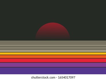 Abstract dark retro background of the 80s and 90s with multicolored lines and sunset - Shutterstock ID 1654017097