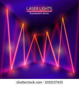 Abstrato interior escuro quarto com luzes de néon vermelho. Plano de fundo de linhas brilhantes. Ilustração em 3d vetorial