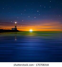 abstract dark sea background with lighthouse and sunrise