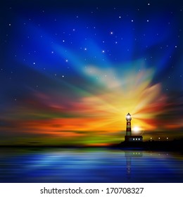 abstract dark sea background with lighthouse and sunset