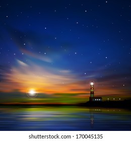abstract dark sea background with sunrise and lighthouse