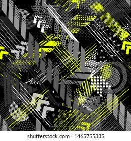 Abstract dark seamless grunge pattern for boy and girl. Urban style modern background with strips, dots, squares and sports elements. Drive modern creative wallpaper for guys.