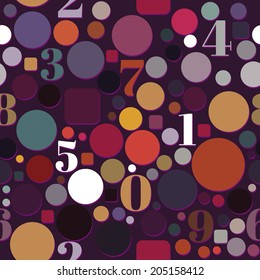 Abstract Dark Seamless Pattern with Numbers and Circles for School Designs, Textiles, Backgrounds, etc