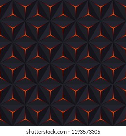 Abstract Dark Seamless Pattern. Vector Geometric Background with Hexagons. Red and Orange Color