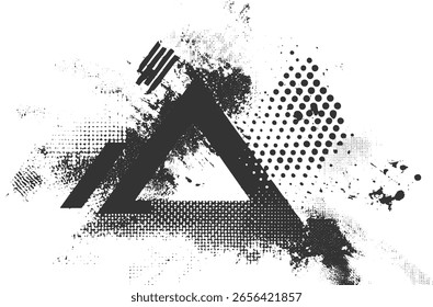 Abstract dark shapes with distressed textures and halftone dots on a white background.