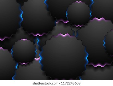 Abstract dark shiny glowing curved circles background. Vector design