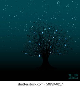 Abstract Dark Silhouette of a Tree. Element for Your Design. Pattern with Glowing Triangles and Stars. Vector Illustration