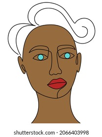 Abstract dark skinned face of man or woman in minimalistic style. Human sketch. Image with blue eyes line art, vector illustration.