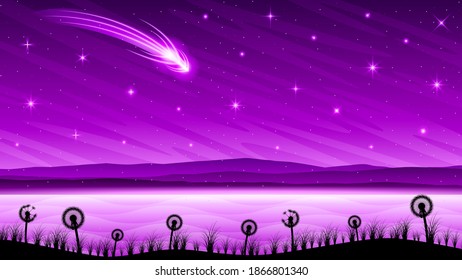 Resumen Fondo Del Cielo Oscuro Con Estrellas Luminosas De Grass Dandelion Y Montañas Vector Diseño Estilo Paisaje Natural