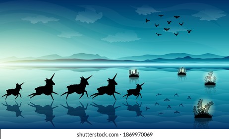 Abstract Dark Sky Background Vector Silhouette With Mountains Clouds Birds Plants Unicorns Design Style