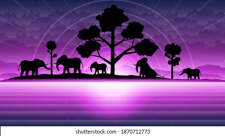 Abstract Dark Sky Background Vector Silhouette With Mountains Trees Elephants Water Design Style