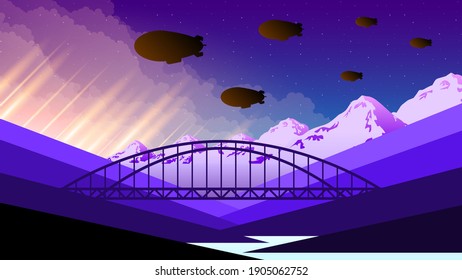 Abstract Dark Sky Gradient Background With Airships in Clouds. Bridge at sunset Nature Style Design, Vector