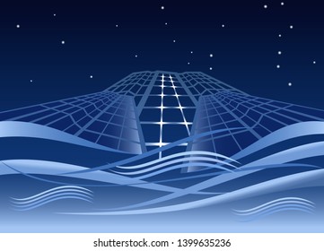 Abstract dark space background with buildings, clouds and stars. Vector illustration.