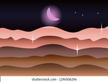 Abstract dark space background with clouds, moon and stars. Vector illustration.