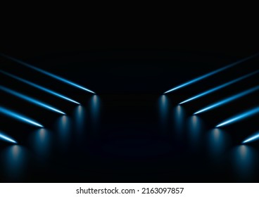 Resumen del espacio oscuro con rayos y reflejos de luz azul, ilustración vectorial.
