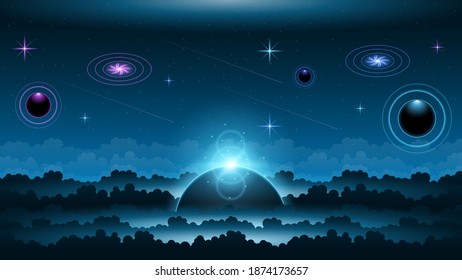 Abstract Dark Space Universe Background Clouds Planets With Glow Vector Design Style Landscape Nature
