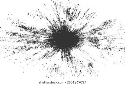 Abstract dark splatter burst on a white background with textured streaks and dots.